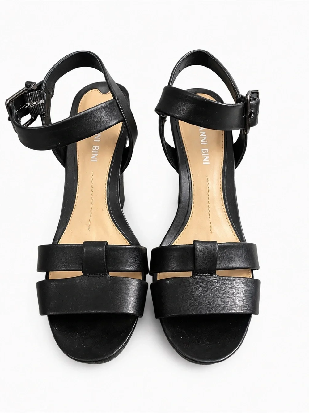 Gianni Bini Black Leather Wedge Sandals with Ankle Strap